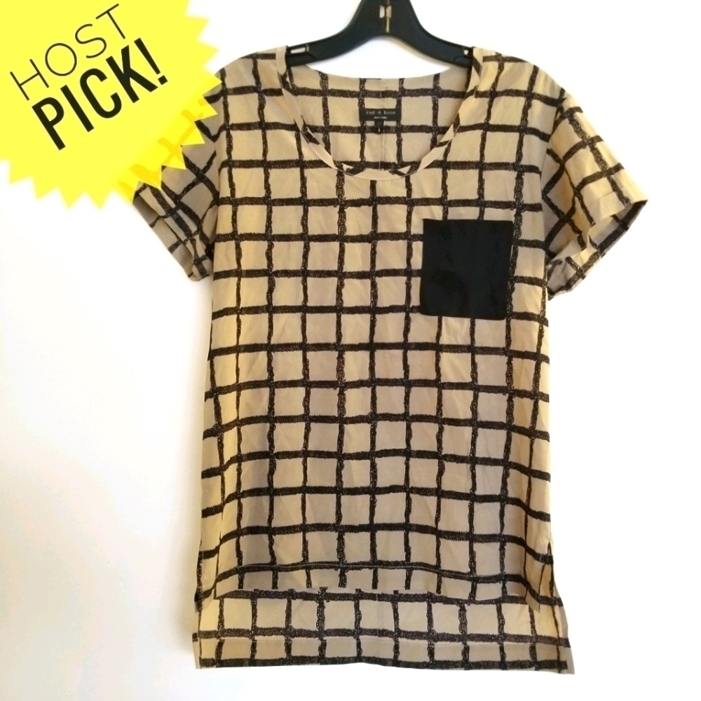 Rag & Bone Checkered Silk Cuffed Short Sleeve Top